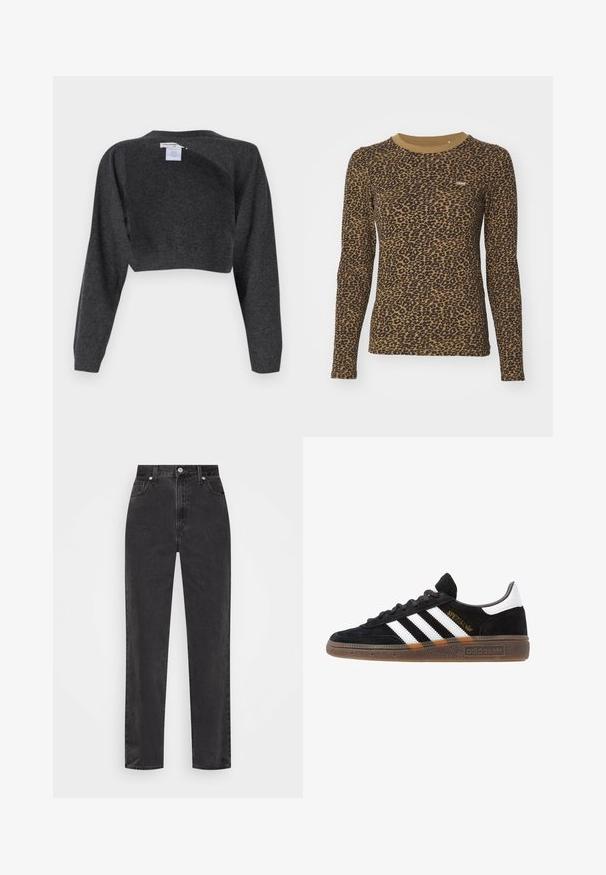 pure cashmere BOLERO TWO-WAY - Pullover - graphite; T-shirt à manches longues marron avec un motif léopard, col rond et légèrement extensible. Petite étiquette logo à l'avant.; Jeans en denim noir à jambe droite avec taille haute, bouton et fermeture éclair à l'avant, et style cinq poches sur fond blanc.; Baskets Adidas noires avec rayures blanches, inscription dorée "Spezial", semelle en gomme et languette blanche au talon, présentées en vue de profil.
