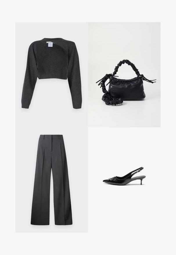 pure cashmere BOLERO TWO-WAY - Pulóver - graphite; Széles szárú nadrág sötétszürke anyagból, magas derekú, egyes redőkkel, sima textúrával és tiszta befejezéssel a szegélyeken.; Fekete bőrből készült slingback magassarkú cipők hegyes orral, kis francia sarokkal és díszes csomóval az elején. Az egész felületen sima textúra.; Fekete műbőr kézi táska krokodil bőr textúrával, összehúzható tetejű és gyűrt pánttal. Lágy és kompakt dizájnúnak tűnik.