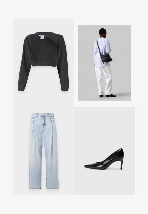 pure cashmere - Sweter; Jasnoniebieskie dżinsy z wysokim stanem, szerokimi nogawkami, dwoma bocznymi kieszeniami oraz plisowanym wzorem. Miękka tekstura z wyblakłym wykończeniem.; Czarna skórzana szpilka z ostrym noskiem, gładką fakturą i zwężającym się obcasem. Minimalistyczny design, bez dodatkowych zdobień.; Czarna skórzana torba na ramię o miękkiej fakturze, w kształcie trójkąta, z regulowanym paskiem, połączona z jasnoniebieską koszulą w paski i białymi spodniami.