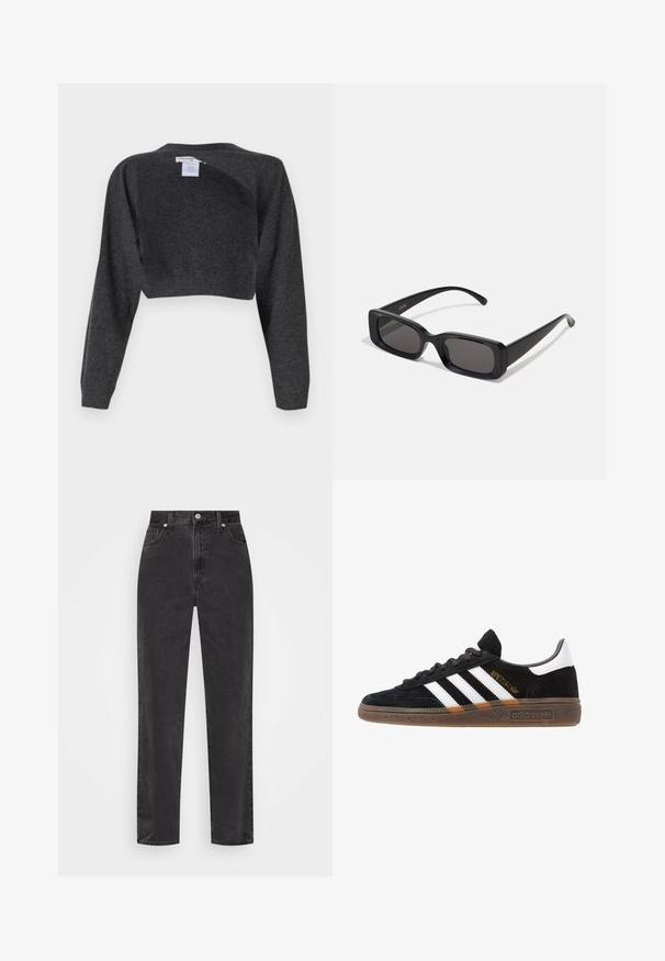 pure cashmere BOLERO TWO-WAY - Džemperis - graphite; Melnas džinsus ar taisnu kāju un augsto jostu, ar priekšējo pogu un rāvējslēdzēju, kā arī piecu kabatu dizainu uz balta fona.; Melnas Adidas sporta kurpes ar baltām svītrām, zelta "Spezial" uzrakstu, gumijas zoli un baltu papēža daļu, attēlotas profila skatījumā.; Melnas taisnstūrveida saulesbrilles ar tumšiem stikliem, spīdīga apdare, platas kājas un masīvs rāmja dizains. Uz vienas kājas ir iegravēts zīmola nosaukums.