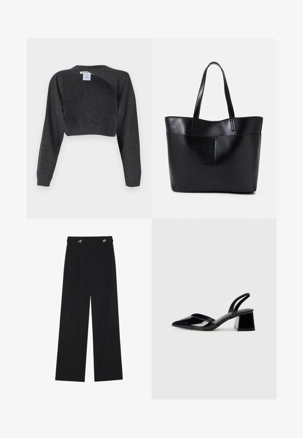 pure cashmere BOLERO TWO-WAY - Jersey de punto - graphite; Pantalones de pierna ancha negros con cintura alta, detalles de botones en la cinturilla y pliegues en la parte delantera.; Zapatos de tacón slingback de charol negro con punta afilada y tacón geométrico en bloque. Presentan un diseño elegante y minimalista, así como una textura suave.; Bolso tote de cuero negro con dos asas largas, textura suave y forma estructurada. Cuenta con un bolsillo frontal para almacenamiento adicional.