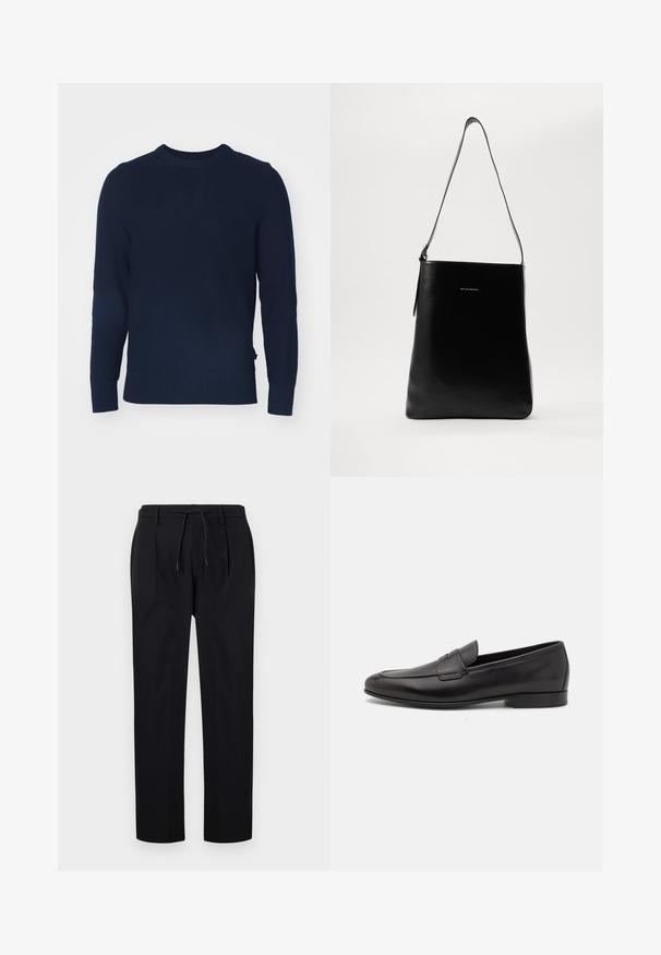 Navy sininen neulepaita, jossa on pyöreä kaula-aukko, pitkät hihat, ribbaustaskut ja helma, jossa on teksturoitu kuviokerros.; Farkut mustat, valmistettu sileästä kankaasta, jossa on narukiristysvyö, suorat lahkeet ja edessä pleatit rakenteellista ilmettä varten.; Musta nahkainen miesten loaferi, jossa on matala korko ja klassinen penny-nauha, esitelty sivuprofiilissa valkoista taustaa vasten.; Musta nahkainen olkalaukku, jossa on sileä pinta, suorakulmainen muoto ja pitkä hihna; keskellä on pieni valkoinen logo.