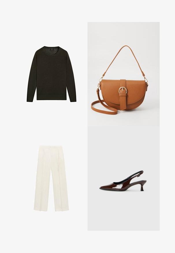 Maglione verde scuro realizzato in materiale morbido, con scollatura rotonda, maniche lunghe e orlo dritto con dettagli a costine.; Pantaloni a gamba larga di un leggero colore crema. Realizzati in un tessuto morbido con pieghe sul davanti e tasche laterali.; Scarpa slingback in pelle verniciata marrone con punta affusolata e tacco moderato. Presenta una fascia con fibbia per una calzata sicura. Tessuto liscio.; Borsa a tracolla in pelle marrone con forma curvata, hardware dorato e un dettaglio con fibbia. Presenta una tracolla rimovibile.