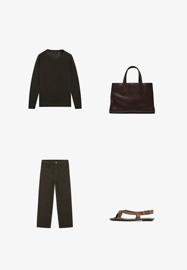 Dunkelgrüner Pullover aus weichem Material, mit rundem Halsausschnitt, langen Ärmeln und geradem Saum mit gerippten Akzenten.; Dunkelgrüne Jeans im weit geschnittenen Style, hergestellt aus einem Baumwollgemisch. Sie verfügen über einen Frontknopfverschluss, fünf Taschen und klassische Denim-Nähte.; Braune Leder-Sandale mit offener Zehenpartie und seitlichen Ausschnitten. Sie verfügt über einen Knöchelriemen mit einer metallischen Schnalle und eine flache Sohle.; Braune Ledertasche mit zwei langen Griffen, strukturierte rechteckige Form, glatte Textur und dezente Nähdetails.