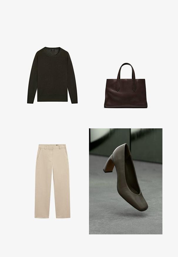 Dunkelgrüner Pullover aus weichem Material, mit rundem Halsausschnitt, langen Ärmeln und geradem Saum mit gerippten Akzenten.; Beige Chinos aus Baumwoll-Twill mit geradem Bein, zwei vorderen Taschen und einem Reißverschluss. Glatte Textur mit minimaler Detailierung.; Dunkelolivgrüner Leder-Highheel mit quadratischer Zehenform und Blockabsatz, schwebend über einem grauen Betonboden mit verschwommenem grünen Hintergrund.; Braune Ledertasche mit zwei langen Griffen, strukturierte rechteckige Form, glatte Textur und dezente Nähdetails.
