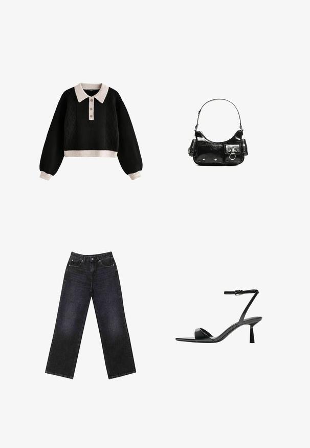 Pull cropped noir avec un design en torsades, doté d'un col et de poignets côtelés crème, d'une patte de boutonnage à trois boutons et d'un tissu texturé.; Jean en denim noir taille haute avec une coupe large, design à cinq poches et coutures visibles. Le tissu a une finition lisse, légèrement texturée.; Bershka Sandales à talons hauts - black; Sac à main en cuir verni noir avec une forme incurvée, une bandoulière, des poches avant et des accents en métal argenté.