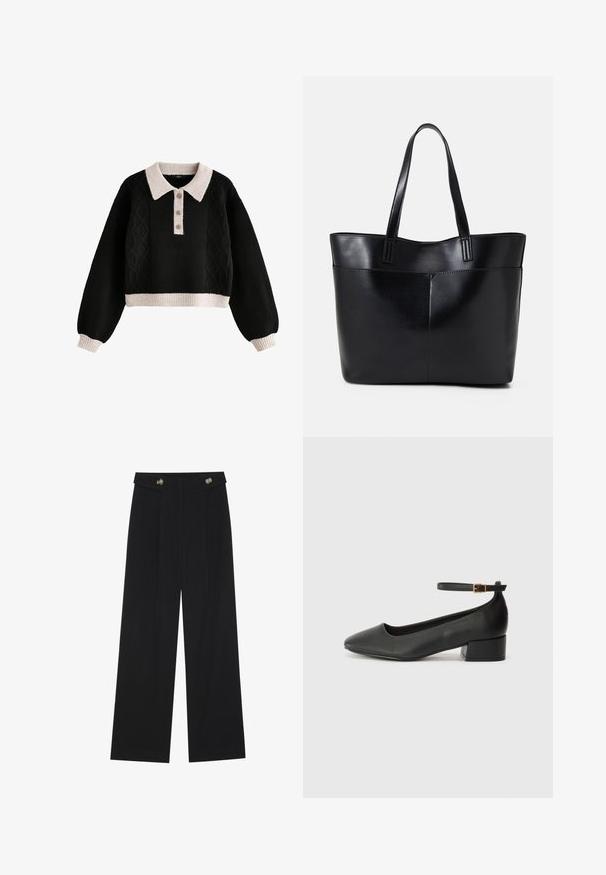 Czarny krótki sweter z wzorem w warkocze, z prążkowanym kremowym kołnierzem i mankietami, plisą z trzema guzikami oraz teksturowanym materiałem.; Czarne szerokie spodnie z wysokim stanem, z detalami w postaci guzików na pasku oraz plisami z przodu.; Czarne skórzane szpilki z ostrym noskiem i niskim słupkowym obcasem. Wyposażone w pasek na kostkę z złotym zapięciem. Gładka tekstura.; Czarna skórzana torba na ramię z dwoma długimi uchwytami, gładką teksturą i sztywną formą. Posiada przednią kieszeń dla dodatkowego przechowywania.