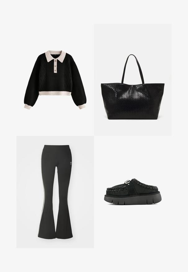 Czarny krótki sweter z wzorem w warkocze, z prążkowanym kremowym kołnierzem i mankietami, plisą z trzema guzikami oraz teksturowanym materiałem.; Czarne legginsy dzwonowe z elastycznego materiału, z wysokim stanem i białymi paskami po bokach. Zawierają małe logo na talii.; Czarne zamszowe buty wsuwane z futrzanym wykończeniem, plecionym przeszyciem i masywną czarną podeszwą. Posiadają markowy pasek na górze.; Czarna pleciona torba na ramię z dwoma mocnymi uchwytami, charakteryzująca się błyszczącą powierzchnią i przestronnym otwartym topem.