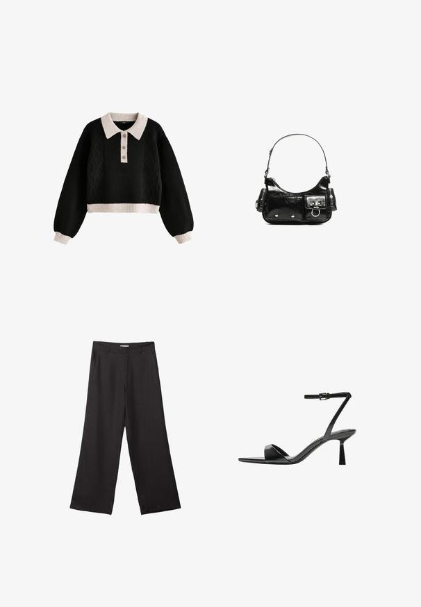 Svart kort tröja med kabelstickad design, med en ribbad krämfärgad krage och muddar, tre-knapps placket och strukturerad tyg.; Svarta vida byxor i slät väv, med dragkedja fram och två sidofickor, med skräddarsydd passform och minimalistisk design.; Bershka Sandaletter - black; Svart lackläderhandväska med en rundad form, en axelrem, framfickor och detaljer i silverfärg.