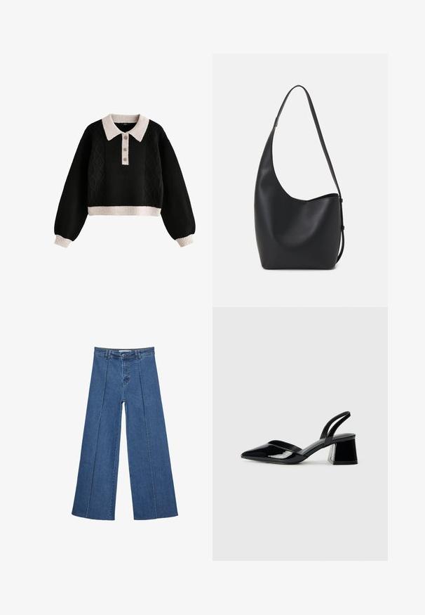 Čierny skrátený sveter s károvaným dizajnom, so ribovaným krémovým golierom a manžetami, zapínaním na tri gombíky a textúrovanou látkou.; Rovné džínsy s širokými nohavicami v strednom modrom odtieni, so zvýšeným pásom, zapínaním na gombík a kontrastnými vertikálnymi švami pozdĺž prednej strany.; Čierne lakované kožené sandálové podpätky s špicatou špičkou a geometrickým blokovým podpätkom. Disponujú elegantným, minimalistickým dizajnom a hladkým povrchom.; Čierna kožená hobo taška so hladkou textúrou, zakriveným tvarom a jedným nastaviteľným popruhom; má široké otvorenie na vrchu.