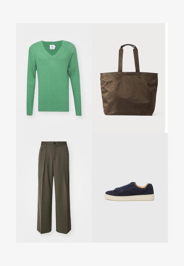 Grønn strikket genser med V-hals, ribbestrikkede mansjetter og teksturert mønster gjennom hele stoffet. Merket på halsen leser "KNITD."; Filippa K WIDE TROUSERS - Bukse - driftwood; Marineblå semsket lav sneaker med rund tå, off-white gummisåle og matchende snørebånd; har en kontrasterende tan indvendig foring.; Brun nylon tote bag med to stoffhåndtak og en glatt tekstur. Har minimal merking på forsiden.