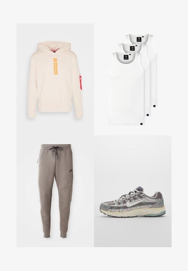 Hoodie crème avec un logo "ALPHA" central en orange, poche avant et poche latérale zippée avec une tirette rouge. Tissu doux, coupe décontractée.; Trois débardeurs blancs côtelés en coton. Présentent un col rond et de petites étiquettes noires près de l'ourlet. Disponibles en plusieurs tailles.; Pantalon de survêtement gris Nike avec une taille élastique à cordon de serrage, des jambes fuselées, des poches latérales et un détail de couture distinct. Tissu doux et texturé.; Chaussure de sport grise avec une tige en mesh et en daim, accents blancs, semelle rembourrée et un design distinctif avec des éléments réfléchissants.