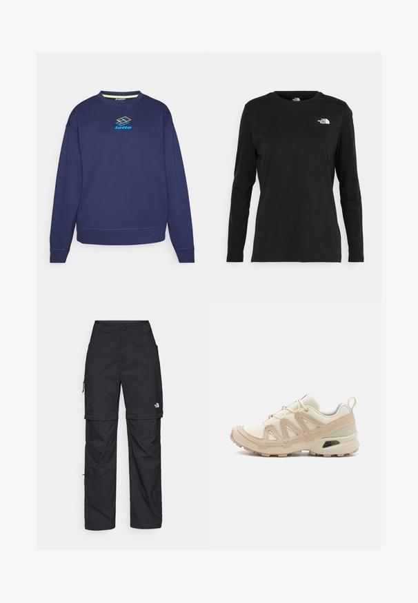 Mørkeblå hettegenser laget av bomullsblanding, med rund hals, lange ermer og et flerfarget Lotto-logo i sentrum.; Svart langermet T-skjorte laget av bomull med rund hals. Har en liten hvit logo på venstre brystområde. Enkelt design og passform.; Svarte nylon cargo-bukser med glidelås og justerbare mansjetter, flere lommer og en logo på høyre bein. Glatt, lett tekstur.; Beige og krem joggesko med teksturert mesh-overdel, støttende overlegg og gummisåle med et mønster for godt grep.