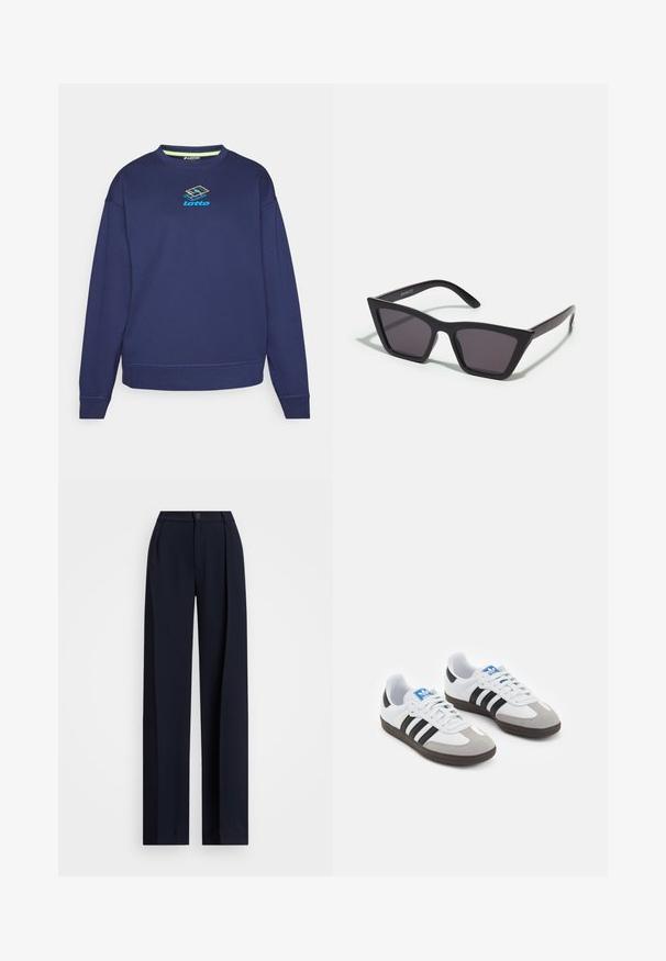 Mornarsko moder pulover narejen iz mešanice bombaža, s krojnim ovratnikom, dolgimi rokavi in večbarvnim logotipom Lotto na sredini.; Mornarske široke hlače s pliseji, gumbom in gladko teksturo tkanine. Zasnovane za ohlapen, udoben fit.; Športni čevlji z belim usnjenim zgornjim delom, sivim semišem na prstih in tremi črnimi črtami. Imajo modro logo na jeziku in teksturiran gumijast podplat.; Črne, angularne sončne očala z sivimi lečami; izdelana iz plastike, imajo debele ročke z gladko površino in brez vidne opreme.