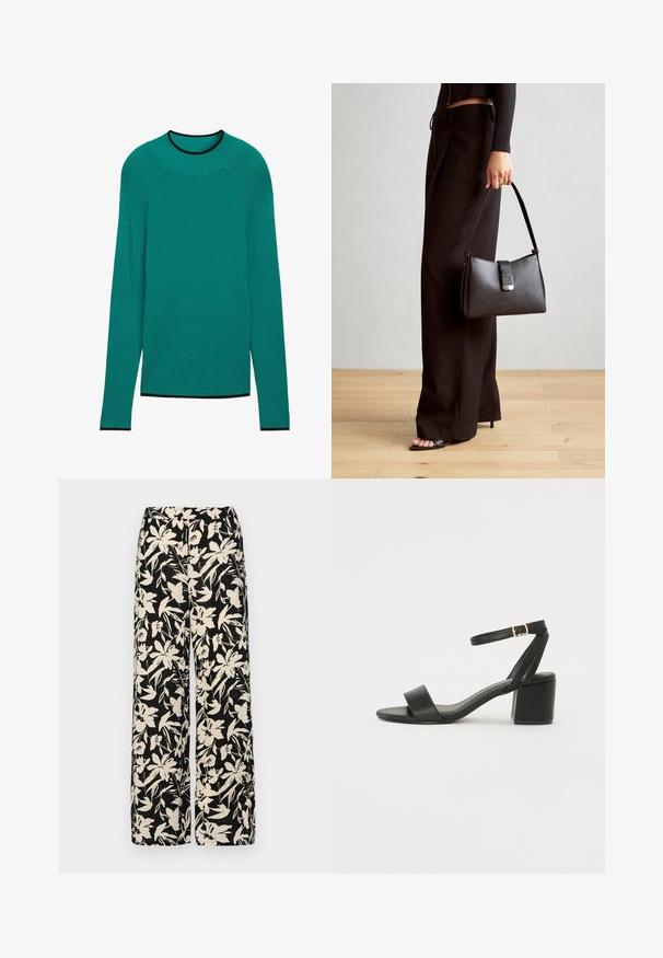 Türkiser, gerippter Pullover mit langen Ärmeln, rundem Ausschnitt und schwarzen Akzenten an Kragen und Manschetten. Glatte Textur, locker sitzende Passform.; Schwarze weit geschnittene Hose mit einem cremefarbenen Blumenmuster. Hergestellt aus leichtem Stoff, mit einer glatten Textur und einem hohen Bund.; Schwarze High Heels Sandalen mit einem glatten Lederoberteil, offener Zehenpartie, breiten Vorderstraps und verstellbarem Knöchelriemen mit einem goldenen Schnallen-Detail.; Schwarze Handtasche mit strukturierter Form, glatter Textur und einem metallischen Verschluss. Kombiniert mit weiten schwarzen Hosen und offenen Sandalen auf einem Holzboden.