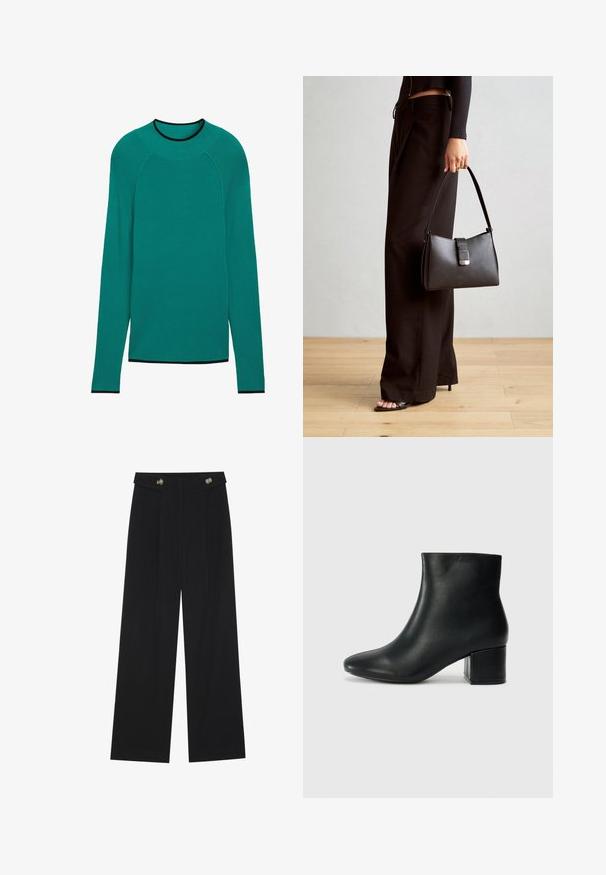 Turkusowy sweter z prążkowanej dzianiny, z długimi rękawami, okrągłym dekoltem i czarnymi akcentami przy kołnierzyku i mankietach. Gładka tekstura, luźny krój.; Czarne szerokie spodnie z wysokim stanem, z detalami w postaci guzików na pasku oraz plisami z przodu.; Czarne skórzane botki za kostkę z ostrym noskiem i masywnym obcasem. Gładka tekstura z minimalnymi akcentami i elegancki, dopasowany fason.; Czarna torebka o usztywnionym kształcie, gładkiej fakturze i metalowym zapięciem. Połączona z szerokimi czarnymi spodniami i sandałami na otwartym palcu na drewnianej podłodze.
