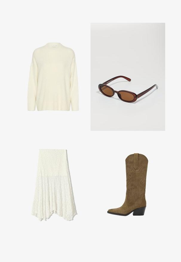 Pulover de culoare crem, realizat dintr-un material moale și pufoșel. Prezintă un gât rotund, mâneci lungi și cusături ribbate la manșete și la tiv pentru o textură suplimentară.; Fustă albă din dantelă cu un model texturat, având un tiv asimetric și o siluetă fluidă, confecționată dintr-un material ușor.; Cizmă de cowboy din suede maro, cu tobă până la jumătatea gambei, cu modele cusute în spirale, vârf ascuțit, tabul de tragere și toc negru înclinat, stratificat.; Ochelari de soare rotunzi, cu nuanțe de brown și cu un cadru lucios de burgund. Brațe subțiri cu detalii subtile de branding. Design cu lentile plate.