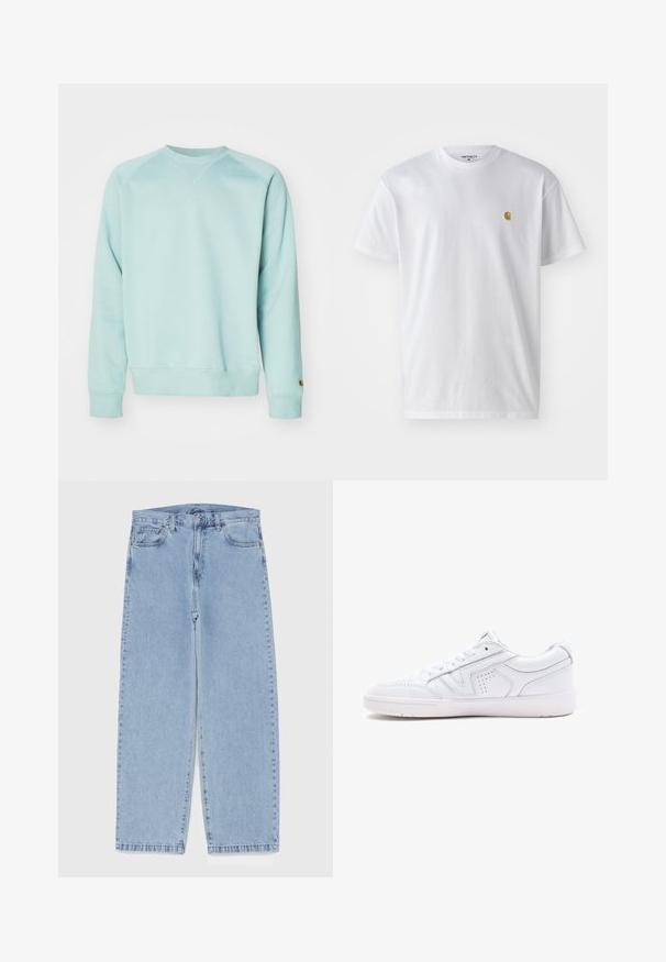 Svetle modrý svetr s kulatým výstřihem a žebrovanými manžetami. Navržen s volným střihem a se vstupním logem na rukávu.; Bílé bavlněné tričko s krátkým rukávem a kulatým výstřihem, s malým zlatým logem na levé straně hrudi. Měkká textura a klasický střih.; Světle modré džíny s rovnými nohavicemi, středním pasem, pěti kapsami a zapínáním na knoflík a zip.; Bílé kožené tenisky s nízkým střihem, kulatou špičkou, perforovanými detaily a texturovanou podešví. Obsahují tkaničky a jemné prošívání.