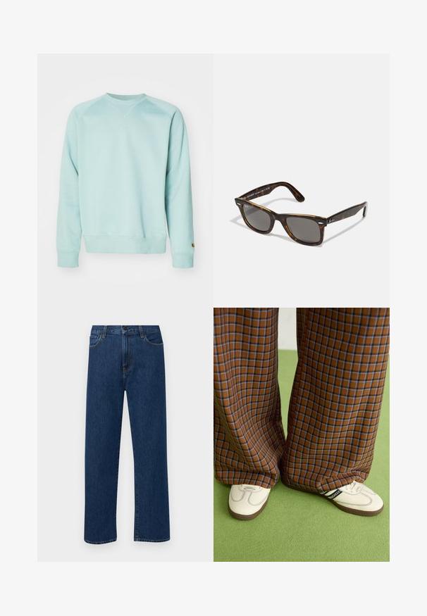 Svetlo modrý sveter s okrúhlym výstrihom a rebrovanými manžetami. Navrhnutý s uvoľneným strihom a s malým logom na rukáve.; Tmavomodré rovné rifľové nohavice s prednými vreckami a zapínaním na gombík, vystavené na jednoduchom bielom pozadí.; Hnedé a modré kárované nohavice s širokými nohavicami skombinované s bielymi topánkami s čiernymi akcentmi a textúrovanými podrážkami, umiestnené na zelenom pozadí.; Korytnačkové slnečné okuliare so sivými sklami a štvorcovým rámom, s kovovými detailmi na spánkoch a logom v dizajne.