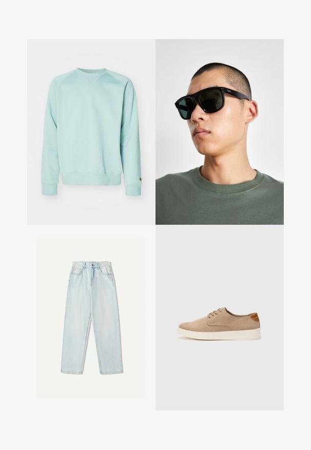 Felpa azzurra chiara con scollatura a girocollo e polsini a costine. Progettata con una vestibilità comoda e caratterizzata da un piccolo logo sul maniche.; Jeans in denim azzurro chiaro con una vestibilità comoda, design a gamba dritta, stile a cinque tasche e leggere sfumature sul tessuto.; Sneaker in suede beige con punta arrotondata, stringhe davanti e un accento testurizzato sul retro. La suola in gomma bianca offre un contrasto. Design semplice e moderno.; Occhiali da sole rettangolari neri con lenti scure, caratterizzati da una forma distintiva e un marchio sulla parte tempiale. Indossati da una persona con una maglietta verde.