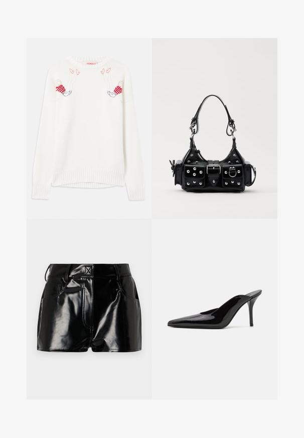 White knitted sweater featuring embroidered figures in red and blue. Crew neck, ribbed cuffs and hem. Soft texture, relaxed fit.; Black, glossy shorts made of synthetic material. Features a fitted waist, belt loops, and front pockets with prominent stitching details.; Black patent leather high-heeled mule with a pointed toe and a sleek silhouette, featuring an open back and a slender stiletto heel.; Black leather handbag with a curved design, featuring silver studs, a buckle, and two side pockets. Adjustable strap for carrying options.