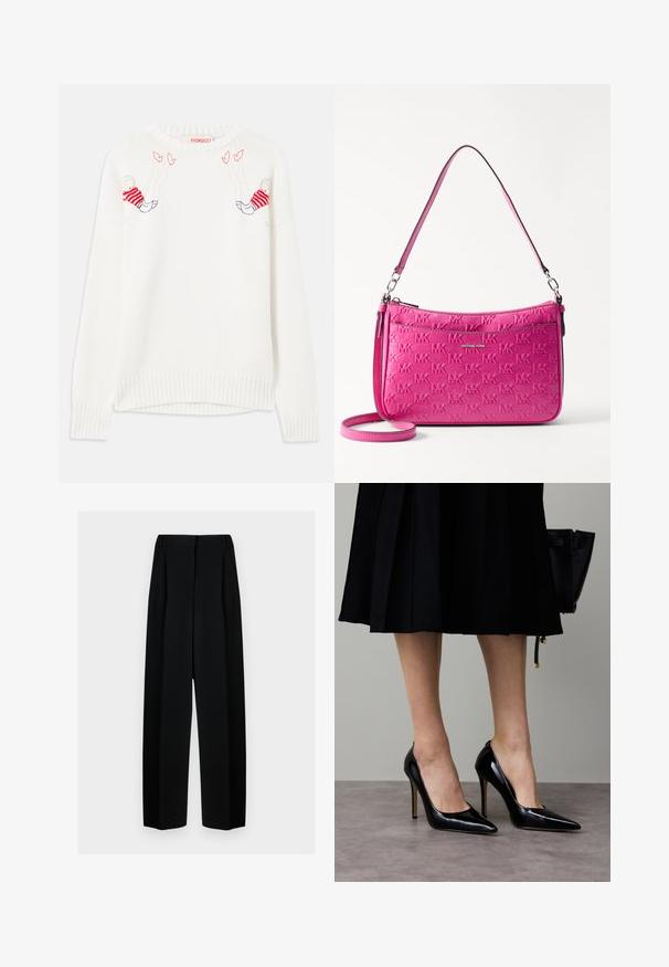 Suéter branco tricotado com figuras bordadas em vermelho e azul. Gola redonda, punhos e barra canelados. Textura suave, corte descontraído.; Calças largas pretas com uma cintura alta, apresentando pregas e uma textura suave. O tecido parece leve e cai elegantemente.; Sapatos de salto alto em pele preta envernizada com bico fino e pala baixa, apresentando uma silhueta elegante e textura brilhante.; Mala de mão compacta rosa, feita de pele texturizada, com um padrão de logótipos em relevo, fecho com zíper e uma alça ajustável.