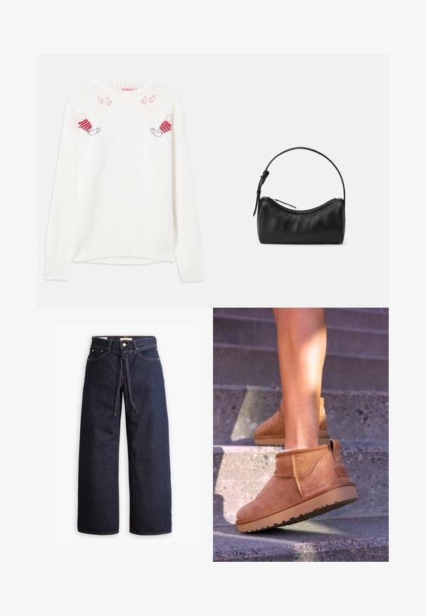 Biely pletený sveter s vyšívanými postavami v červenej a modrej farbe. Okrúhly výstrih, rebrované manžety a lem. Mäkka textúra, voľný strih.; Široké tmavomodré denimové džínsy s vysokým pásom, so šnúrkou na sťahovanie, piatimi vreckami a kontrastným prešívaním.; Hnedé semišové členkové topánky so svetlou textúrou, prešívanými detailmi a gumovou podrážkou, s pútkom na päte pre jednoduché obúvanie.; Čierna kožená ramenná taška s zakriveným dizajnom, zipsovým zapínaním a štíhlym popruhom. Vyznačuje sa hladkou textúrou a jemnými detailmi šitia.