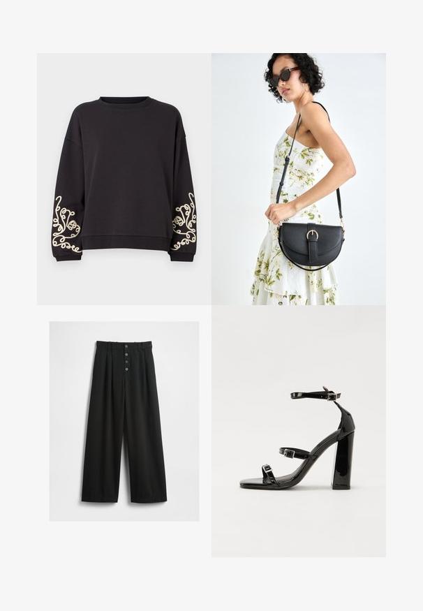 Sweatshirt preto com mangas longas e gola arredondada. Apresenta um intricado bordado em creme em ambos os punhos. Textura de tecido suave.; Calças largas pretas feitas de um tecido texturizado. Apresenta uma cintura alta, fecho frontal com cinco botões e pregas vincadas para um detalhe adicional.; Sandálias pretas de verniz com salto alto, duas fivelas, biqueira quadrada e salto largo, apresentando uma textura lisa e brilhante.; Bolsa de couro preta com forma curva, alça destacável e detalhes em dourado. A bolsa possui uma aba com detalhe de fivela.