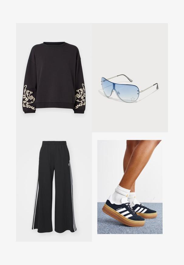 Black sweatshirt with long sleeves and a rounded neckline. Features intricate cream embroidery on both cuffs. Soft fabric texture.; Black wide-leg sweatpants with an elastic waistband, featuring white side stripes and an embroidered logo on the left thigh.; Black suede sneakers with white stripes and accents, rounded toe, gum rubber outsole, paired with white ribbed crew socks.; Aviator sunglasses featuring a gradient blue lens, silver metal frame, and decorative star accents on the lens. Smooth and sleek design.