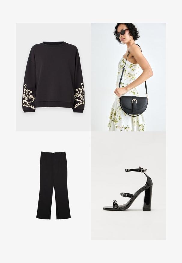 Czarna bluza z długimi rękawami i okrągłym dekoltem. Posiada skomplikowaną kremową haftowaną ozdobę na obu mankietach. Miękka faktura materiału.; Czarne spodnie o prostym kroju, z przednimi kieszeniami i bocznymi rozcięciami na dole. Wykonane z miękkiego, gładkiego materiału. Odpowiednie na różne okazje.; Czarne lakierowane sandały na obcasie z kwadratowym noskiem, z paskami wokół kostki i srebrnymi klamrami. Posiadają masywny słupek dla stabilności.; Czarna skórzana torebka o zakrzywionym kształcie, z odpinanym paskiem i złotymi akcentami. Torebka posiada klapę z zapięciem w kształcie klamry.