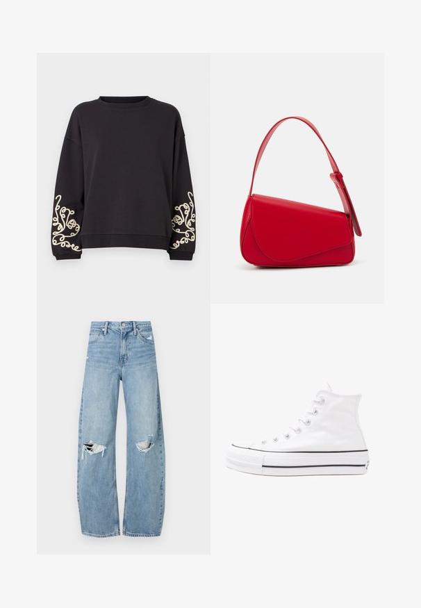 Melna džemperis ar garām piedurknēm un noapaļotu kaklu. Iekļauj sarežģītu krēma krāsas izšuvumu abās piedurknēs. Patīkama auduma tekstūra.; Gaiši zili, augstās vidukļa džinsi, kas izgatavoti no denima. Iespējas plašas kājas, divas plēstas ceļa daļas un klasiskā piecu kabatu dizains.; Balti augstie kanvas sporta apavi ar melnu gumijas zoli, priekšējo gumijas purngalu un sešām acīm lencēm, kuriem ir tīrs, minimālistisks dizains.; Sarkans ādas rokassomi ar stūrainu, ģeometrisku dizainu. Iekļauj vienu regulējamu siksnu un vāku ar izšūtu detaļu.