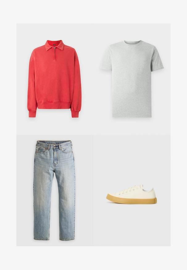Červená fleecová mikina s límcem, polozipem a elastickými manžetami. Měkká textura a uvolněný střih, s žebrovaným lemem.; Jednoduché světle šedé tričko s krátkým rukávem a kulatým výstřihem, vystavené na bílém pozadí, pohled zepředu bez viditelných log nebo designů.; Svetle modré džíny z denimu s vysokým pasem, předním knoflíkem, zipem a designem s pěti kapsami, ležící rovně na neutrálním pozadí.; Plátěné tenisky v krémové barvě s kulatou špičkou, s béžovými gumovými podešvami a pěti očky na tkaničky, texturovaný povrch horní části.