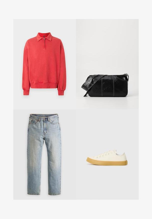 Punane fliistee sviiter lehenokka, pooletõmbega ja elastsete mansettidega. Pehme tekstuur ja mugav lõige, millel on soonikkoes alumine äär.; Heledad hele sinine teksapükste kõrge vöökoht, ees nupuga, lukuga ja viie taskuga disain, asetatud tasasele neutraalsele taustale.; Kangasneakerid kreemjas valges, ümmarguse varbaga, beeži kummitaldaga ja viie silmaga paelte jaoks, tekstuurse viimistlusega ülaserv.; Must mustra nahkainine õlakott, millel on tõmblukk, tekstureeritud pind, valged õmblused ja rihm hõbedaste rõngastega.