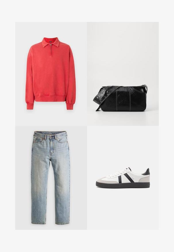 Piros fleece pulóver gallérral, félig zippzárral és rugalmas mandzsettákkal. Puha textúra és laza fazon, bordás aljjal.; Világoskék farmernadrág magas derékkal, elülső gombbal, cipzárral és öt zsebbel, sima háttérre fektetve.; Fehér sneaker fekete és szürke részletekkel, textúrált szürke orr résszel, fekete gumitalppal és lapos fehér fűzőkkel. Tiszta dizájn, minimalista stílus.; Fekete bőr válltáska, cipzárral zárva, texturált felülettel, fehér varrással és ezüst fémgyűrűs pánttal.