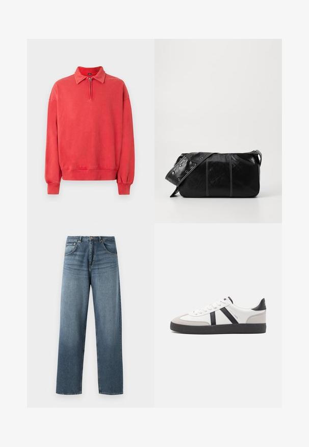 Červená flisová mikina s golierom, polovičným zipsom a elastickými manžetami. Mäkká textura a pohodlný strih, s rebrovaným lemom.; Džíny z modrej denimovej látky s rovným strihom a vyblednutým umývaním, s piatimi vreckami, kovovým gombíkom a pútkami na opasok. Pevná, stredne ťažká tkanina.; Biele tenisky s čiernymi a šedými akcentmi, s textúrovanou šedou špičkou, čiernou gumovou podrážkou a plochými bielymi šnúrkami. Čistý dizajn, minimalistický štýl.; Čierna kožená kabelka cez plece so zipsovým uzáverom, so štruktúrovaným telom, bielym prešívaním a popruhom so striebornými očkami.