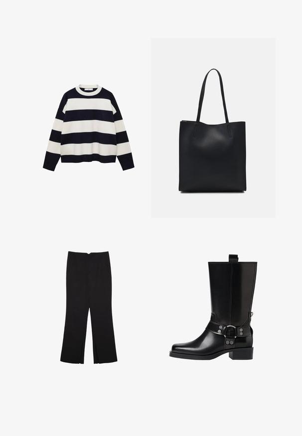 Maglione a righe in blu navy e bianco con collo rotondo, maniche lunghe e vestibilità comoda. Tessuto liscio, con un motivo a righe uniforme in tutto il capo.; Pantaloni neri a gamba dritta, con tasche frontali e spacchi laterali all'orlo. Realizzati in tessuto morbido e liscio. Adatti a diverse occasioni.; Stivale in pelle nera alto fino al ginocchio con punta affusolata, dettagli in argento e tacco largo. Presenta un inserto per facilitare l'indossamento.; Borsa tote in pelle nera con texture liscia, forma rettangolare e due manici lunghi. Nessun hardware o decorazione visibile.