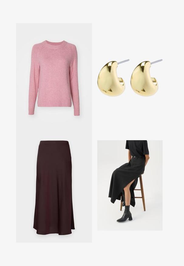 GAP CASHSOFT CREW - Jumper - ballet pink; Burgundy satin midi skirt with a smooth texture, a straight fit, and a slightly flared hem. No visible patterns or hardware details.; Black linen maxi skirt with a high slit, worn with a black t-shirt and black ankle boots. Minimalistic design with a relaxed fit.; Gold-colored earrings with a smooth, rounded shape featuring a reflective surface and a post back for secure wear.