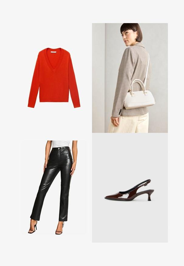 Rdeča pulover z V-izrezom in dolgimi rokavi ter sproščenim krojem. Narejen iz mehkega pletenega materiala, z diskretnimi rebrastimi detajli na robu in manšetah.; Lipsy Hlače - black croc; Rjavi lakirani slingback čevelj z ostro konico in zmerno peto. Ima zaponko za varno prileganje. Gladka tekstura.; Bela strukturirana torba z kratkimi ročaji in naramnim trakom, z zlatimi okrasnimi elementi in teksturiranim materialom, prikazana na sivi podlagi.