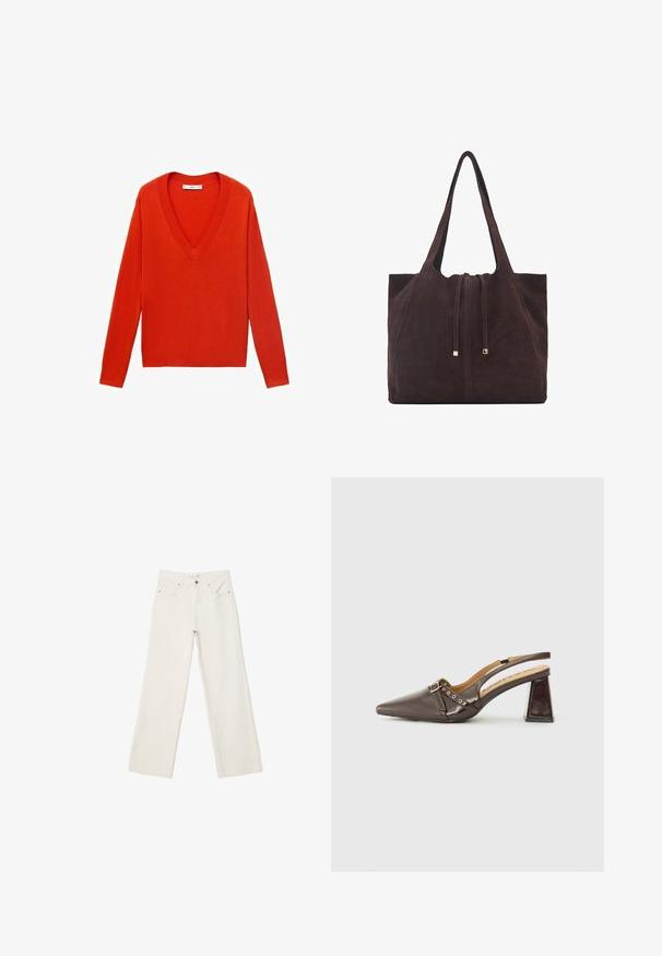 Rdeča pulover z V-izrezom in dolgimi rokavi ter sproščenim krojem. Narejen iz mehkega pletenega materiala, z diskretnimi rebrastimi detajli na robu in manšetah.; Beli široki traper hlače, izdelane iz denima, z visokim pasom, sprednjimi žepi in gumbnim zapiranjem. Čista zasnova z minimalnimi detajli.; Rjavi lakasti slingback čevlji z pointed toe, izrazito zaponko, majhnimi dekorativnimi studami in debelim trigonalnim peto.; Mango Torba za nakupovanje - dark brown