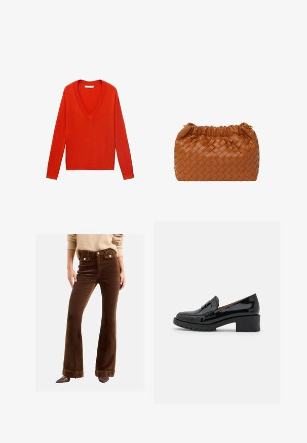 Czerwony sweter w serek z długimi rękawami i luźnym krojem. Wykonany z miękkiego materiału dziewiarskiego, z subtelnymi żebrowanymi akcentami na dolnym brzegu i mankietach.; Brązowe spodnie typu dzwony z kordurowej tkaniny mają wysoki stan, przednie kieszenie oraz akcenty w postaci złotych guzików. Materiał ma miękką, prążkowaną teksturę.; Czarne lakierowane loafersy na niskim, masywnym obcasie, z przodem ozdobionym paskiem i teksturowaną gumową podeszwą dla lepszej przyczepności.; Brązowa pleciona skórzana torebka z zebranym wierzchem i złotymi akcentami. Kompaktowy prostokątny kształt, gładka tekstura oraz pleciony wzór.