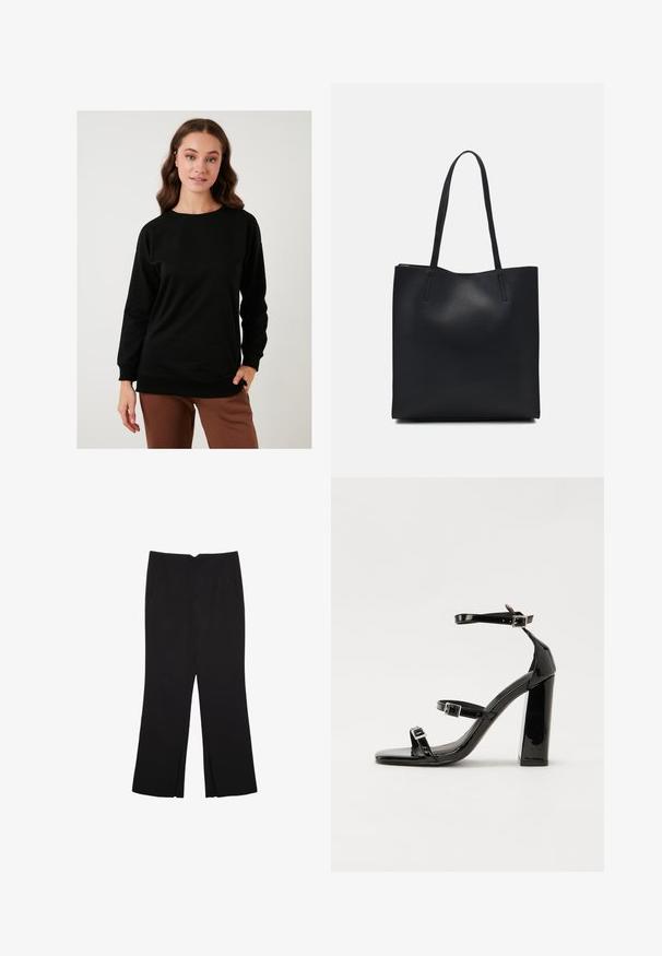 LELA Felpa - black; Pantaloni neri a gamba dritta, con tasche frontali e spacchi laterali all'orlo. Realizzati in tessuto morbido e liscio. Adatti a diverse occasioni.; Sandali con tacco in vernice nera, con punta squadrata, cinturini alla caviglia e fibbie in argento. Presentano un tacco a blocco spesso per maggiore stabilità.; Borsa tote in pelle nera con texture liscia, forma rettangolare e due manici lunghi. Nessun hardware o decorazione visibile.