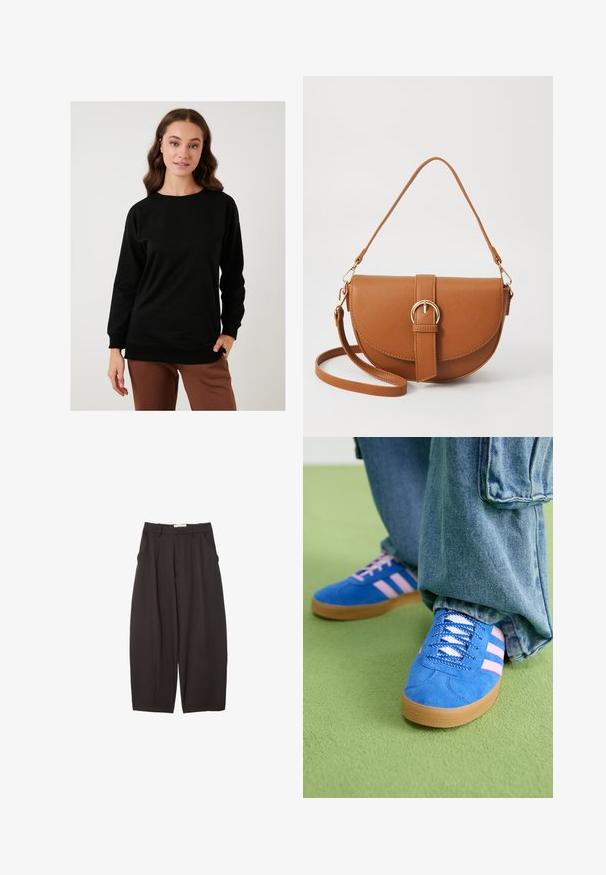 LELA Sweatshirt - black; Svarta vida byxor i ett mjukt tyg, med hög midja, framfickor och sidofickor. Enkel design utan utsmyckningar.; Blå mockaskor med rosa ränder och vita snören, med en sula av gummigummi, kombinerat med lösa denimbyxor på en grön yta.; Brun läder crossbody-väska med en böjd form, gyllene detaljer och en spänneaccent. Har en avtagbar axelrem.