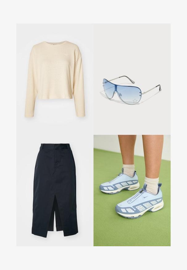 Kremkrāsas īsais džemperis ar garām piedurknēm, izgatavots no teksturēta auduma. Tam ir neliela, diskrēta logotipa uzšuvums uz krūškurvja un apaļš kakla izgriezums.; Tumši jūras zila midi svārki, izgatavoti no kokvilnas maisījuma auduma, ar priekšējo spraugu, slēptu rāvējslēdzēju un sānu kabatām funkcionalitātei.; Gaiši zili sporta apavi ar baltajiem akcentiem, teksturētām paneļiem un ar rāvējslēdzēja aizdari. Raksturīga redzama gaisa amortizācijas zole un gumijas zole.; Pilotstila saulesbrilles ar gradienta zilām lēcām, sudraba metāla rāmjiem un dekoratīvām zvaigžņu akcentiem uz lēcām. Gluda un eleganta dizaina.