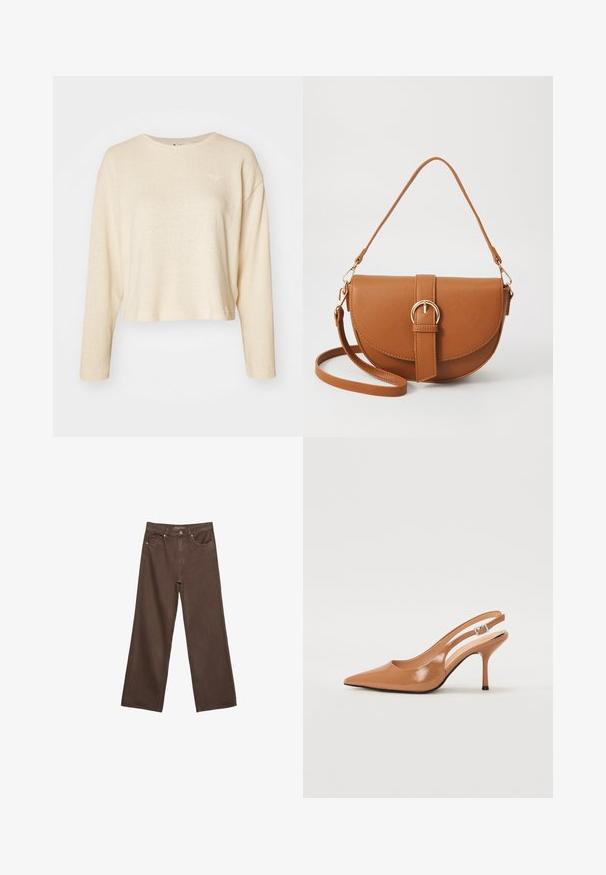 Cremfarbener, kurz geschnittener Pullover mit langen Ärmeln, aus strukturiertem Stoff. Verfügt über ein kleines, dezentes Logo auf der Brust und einen Rundhalsausschnitt.; Weite braune Jeans aus Denim, mit hoher Taille, Fronttaschen und klassischem Knopfverschluss. Glatte Textur mit feinen Nähten.; Spitz zulaufender Slingback-Absatz aus einem glatten, glänzenden, tanfarbenen Material. Mit einem geschwungenen Ausschnitt-Design und einem schlanken Stiletto-Absatz. Silberne Schnallendetails.; Braune Leder-Crossbody-Tasche mit geschwungener Form, goldfarbenen Beschlägen und einer Schnallenakzentuierung. Verfügt über einen abnehmbaren Schultergurt.