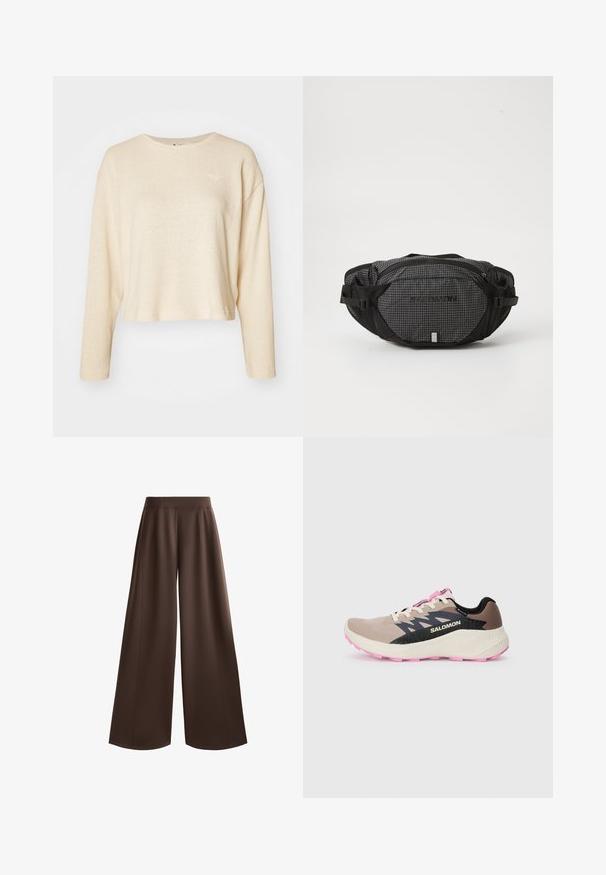 Crèmewit cropped sweater met lange mouwen, gemaakt van geprofileerde stof. Heeft een klein, subtiel logo op de borst en een ronde halslijn.; Wijdvallende broek in een eentonige donkerbruine kleur, met een gladde textuur, hoge taille en voorplooien voor extra ontwerpdetaillering.; Beige en roze Salomon hardloopschoen met zwart logo en ontwerpelementen, crèmekleurige tussenzool en roze loopzool, vanuit de zijkant gezien op een effen achtergrond.; Zwarte en grijze heuptas met een rasterpatroon, verstelbare riemen, twee met rits gesloten vakken en een merklogo aan de voorkant.