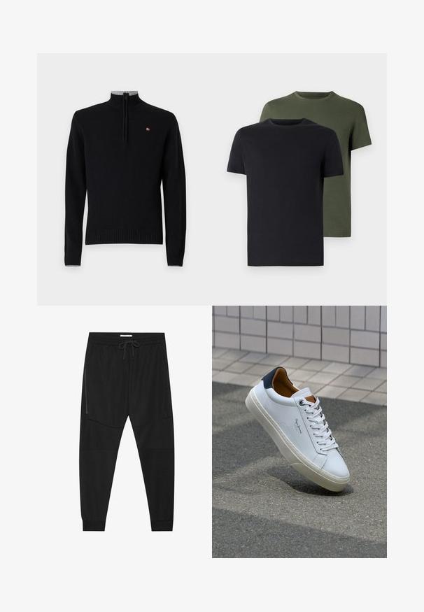 Svart tröja med hög krage och 1/4 dragkedja. Ribbad mudd och nederkant, med en subtil grå detalj vid kragen och en liten logotyp.; Två crew-neck t-shirts i svart och olivgrön, tillverkade av mjukt bomullstyg. Designen är enkel med korta ärmar och rak passform.; Svarta träningsbyxor i texturerad tyg, med justerbart midjeband, ficka med dragkedja på sidan och avsmalnande muddar.; Vita lädersneakers med en marinblå häl, rund tå och kontrasterande bruna detaljer. Har plana snören och en texturerad gummisula.