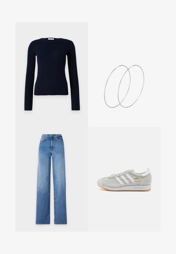 Granatowy sweter z prążkowanej dzianiny z okrągłym dekoltem i długimi rękawami, wyróżniający się slim fit oraz miękką fakturą. Metka widoczna przy dekolcie.; Jasnoniebieskie dżinsy z szerokimi nogawkami, wykonane z denimu, z wysokim stanem, przednimi kieszeniami i standardowym zapięciem na guzik. Gładka tekstura.; Jasnoszare sneakersy wykonane z zamszu i siateczki, z trzema białymi paskami, okrągłym noskiem i gumową podeszwą. Złoty akcent logo w pobliżu sznurowadeł.; Srebrne kolczyki w formie obręczy o minimalistycznym designie. Okrągły kształt, gładka faktura i cienki profil. Lekkie, z polerowanym wykończeniem.