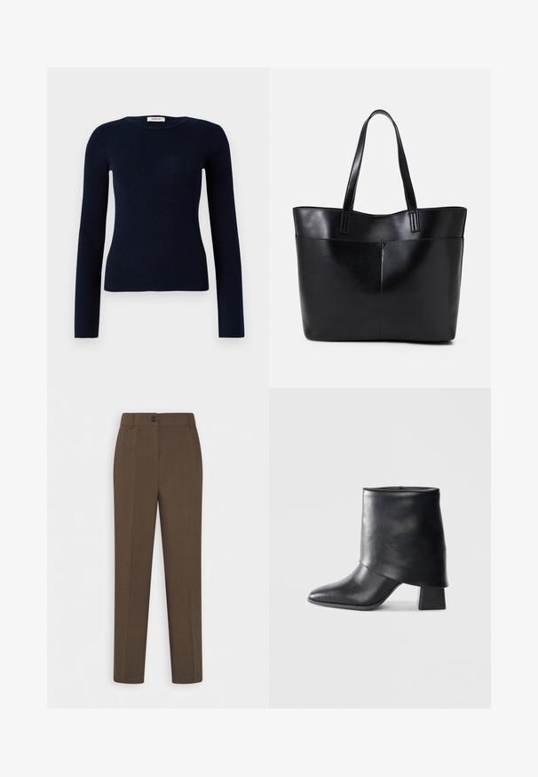 Navy ribbed knit sweater with a crew neckline and long sleeves, featuring a slim fit and soft texture. Tag visible at the neckline.; Straight-leg brown trousers with belt loops and a single front button closure, displayed on a white background.; Black leather ankle boot with a pointed toe, smooth texture, and a structured block heel. Features a high, folded cuff design.; Black leather tote bag with two long handles, a smooth texture, and a structured shape. Features a front pocket for additional storage.