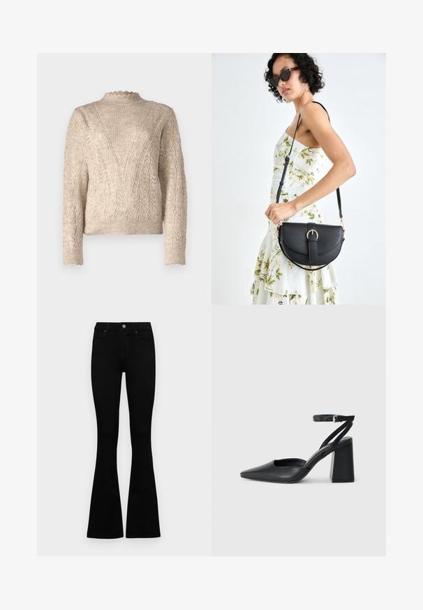 JDY JDYLETTY STRUCTURE - Neule - beige; Mustat korkeavyötäröiset farkut nappi- ja vetskariyläosalla, etutaskuilla ja levenevillä lahkeilla, asetettuna tasaisesti valkoista taustaa vasten.; Mustat nahkakengät, joissa on kapea kärki, nilkkaremmi ja paksu korko. Tasainen pinta, tyylikäs muotoilu ja minimalistinen estetiikka.; Musta nahkainen käsilaukku, joka on kaareva muotoilultaan, irrotettavalla hihnalla ja kultaisilla yksityiskohdilla. Laukussa on läppä, jossa on solk yksityiskohta.