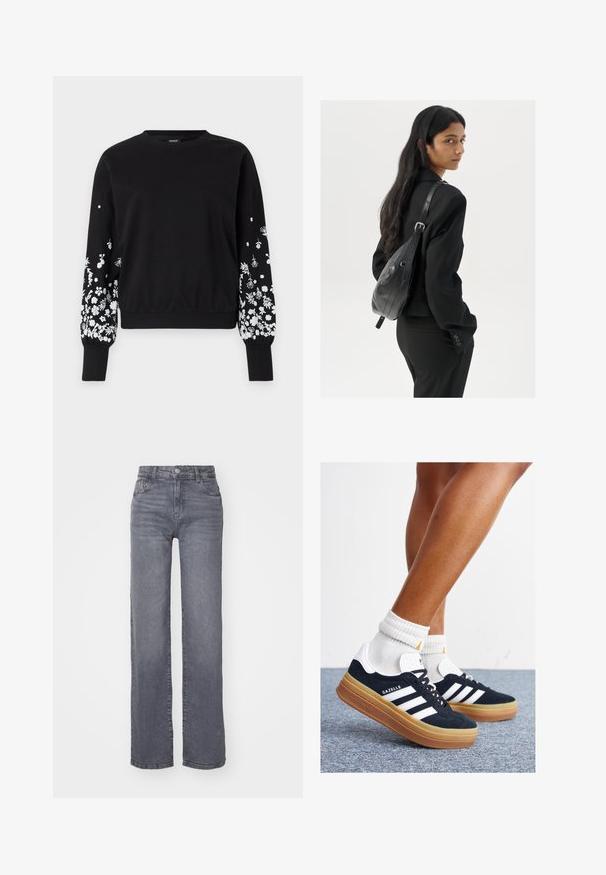 ONLY ONLBROOKE O NECK NOOS - Melegítőfelső - black; Szürke, széles szárú farmernadrág sima textúrából, gombbal és cipzárral záródik, öt zsebből áll.; Fekete velúr sportcipő fehér csíkokkal és díszítésekkel, lekerekített orral, gumitalpú külső résszel, fehér bordázott bokazoknival párosítva.; Hosszú, sötét hajú nő fekete öltönyben, fekete bőrtáskával a vállán, a vállán át néz a fehér háttér előtt.